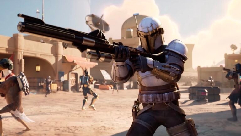 A Mandolorian aims a long blaster rifle during a battle