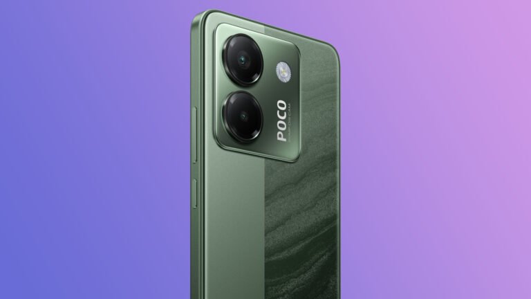 The Poco M7 Pro 5G on a blue and pink gradient background