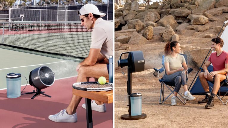 Man using FlexBreeze Pro Mist fan on a tennis court (left) and a couple using the fan on a camping trip