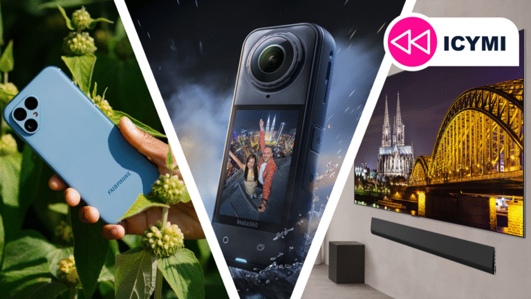 A Fairphjone, Insta360 X5 camera and LG TV next to ecah other.