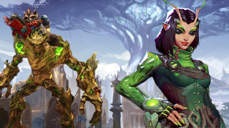 Mantis, Groot and Rocket stand side by side against a background set in Asgard's world tree map