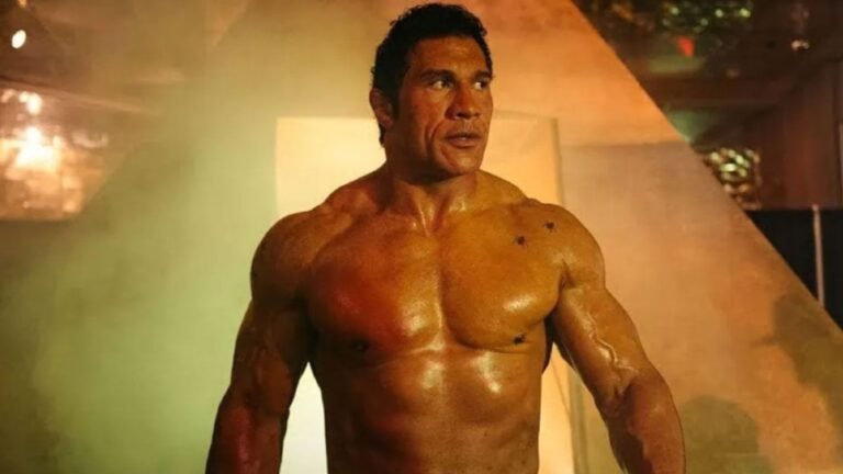 Dwayne Johnson bare chested and sweaty in a still from The Smashing Machine movie