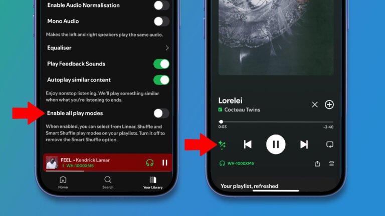 Close-ups of Spotify's Smart Shuffle disable function