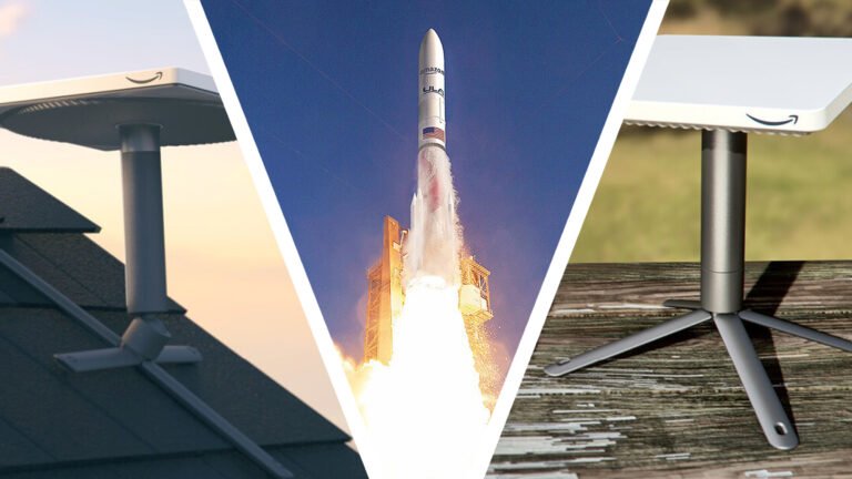 Two Amazon Project Kuiper satellite terminals next to a rocket launching