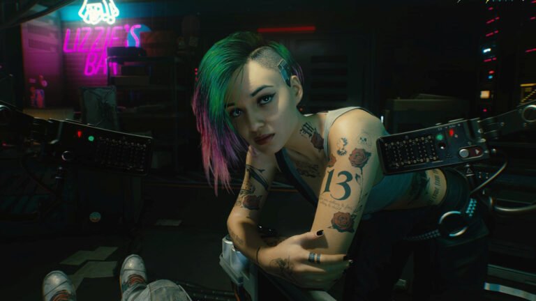 Jenny from Cyberpunk 2077 leaning on a table