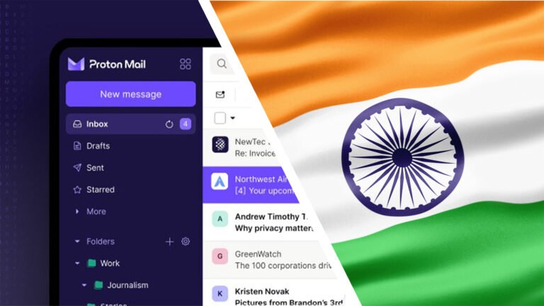 Proton Mail app (promo image) on the left, India's flag on the right