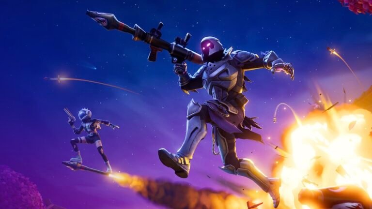 Fortnite characters jump away from an explosion, as rockets soar in the background