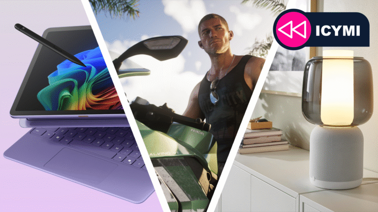 A Symfonisk lamp speaker next to a GTA VI character on a motorbike, and the new Windows Surface tablet.