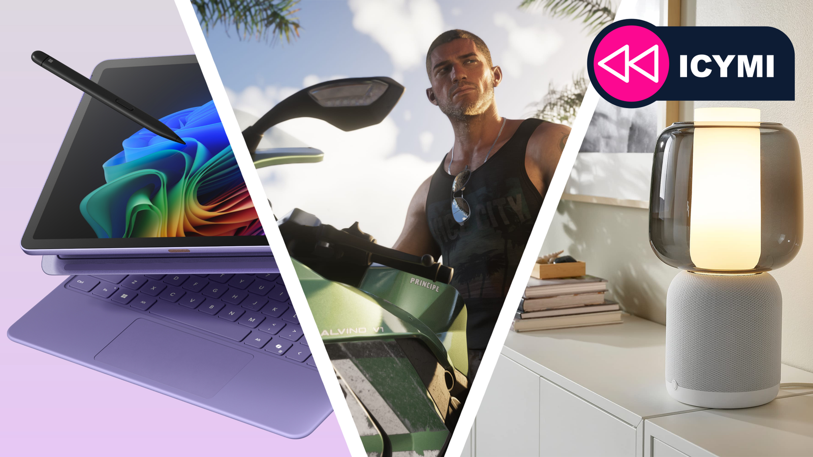 A Symfonisk lamp speaker next to a GTA VI character on a motorbike, and the new Windows Surface tablet.