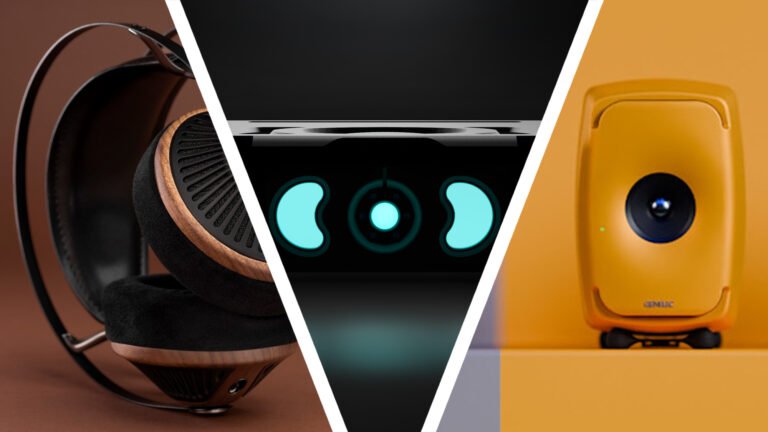 A pair of Meze Audio headphones next to a Chord Electronics teaser and a mustard-colored Genelec bookshelf speaker