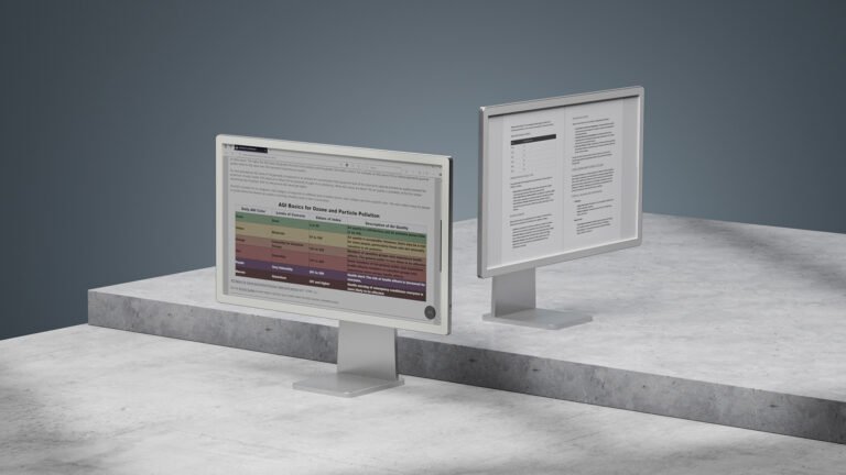 Two Boox Mira Pro 25.3-inch color E Ink monitors on a display table
