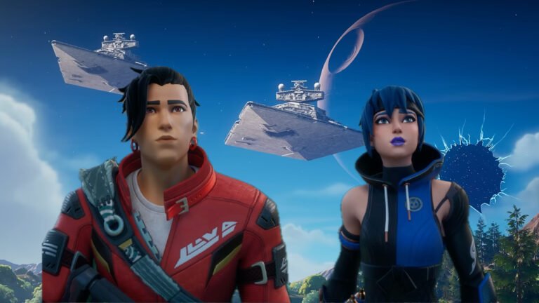 Fortnite Characters look up, against a background of Star Destroyers flying in through a portal in the sky