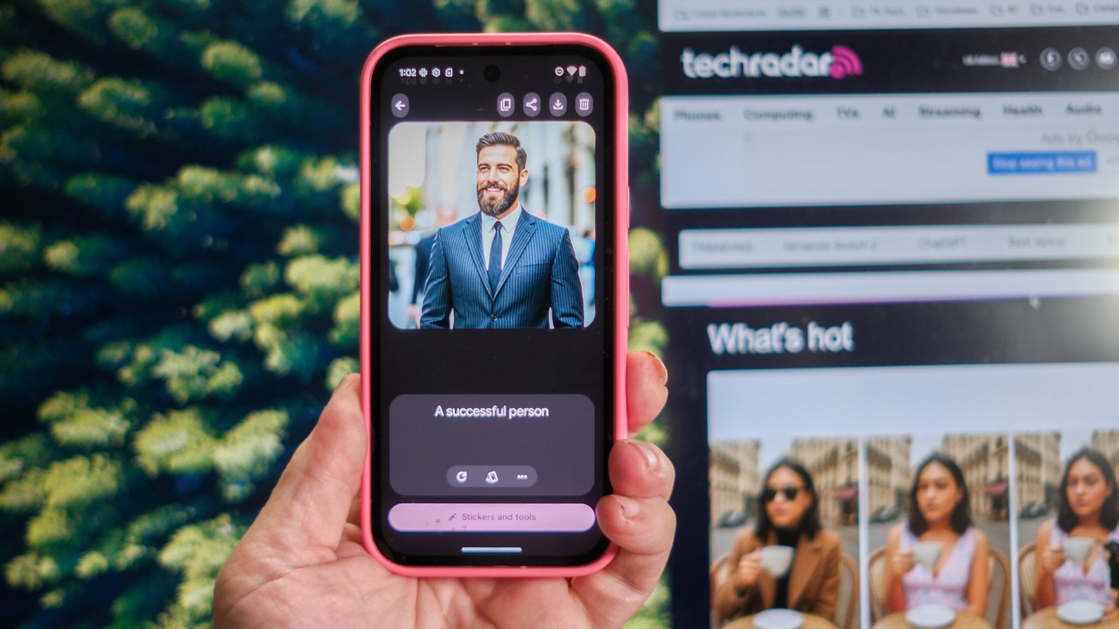 Pixel 9a in Peony pink showing Pixel Studio with the prompt &quot;A successful person&quot; and an image of a young white man in a business suit