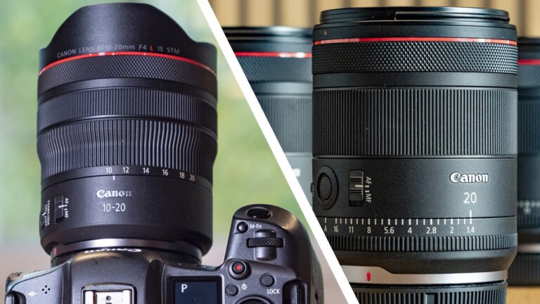 Canon RF 10-20mm F4L IS STM lens alongside the Canon RF 20mm F1.4L VCM lens