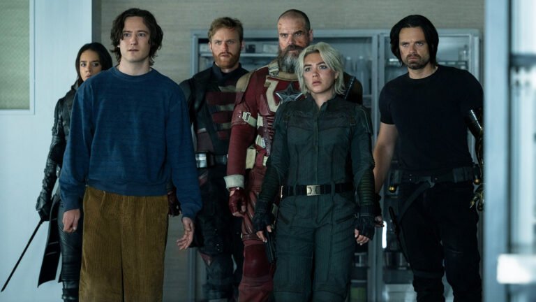 Ghost, Bob, US Agent, Yelena Belova, Red Guardian, and Bucky Barnes standing in a doorway in Marvel's Thunderbolts* movie