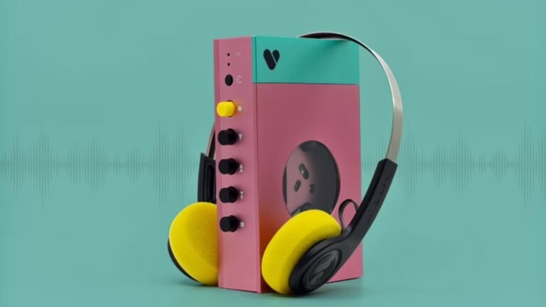 We Are Rewind EDITH WE-001 cassette player in pink and green on a green background. A pair of black and silver headphones with yellow foam earpieces are resting on it.