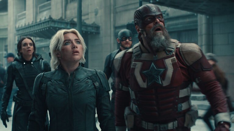 Ghost, Yelena, Red Guardian, and John Walker looking shocked at something happening off-camera in Thunderbolts*, one of May's new movies